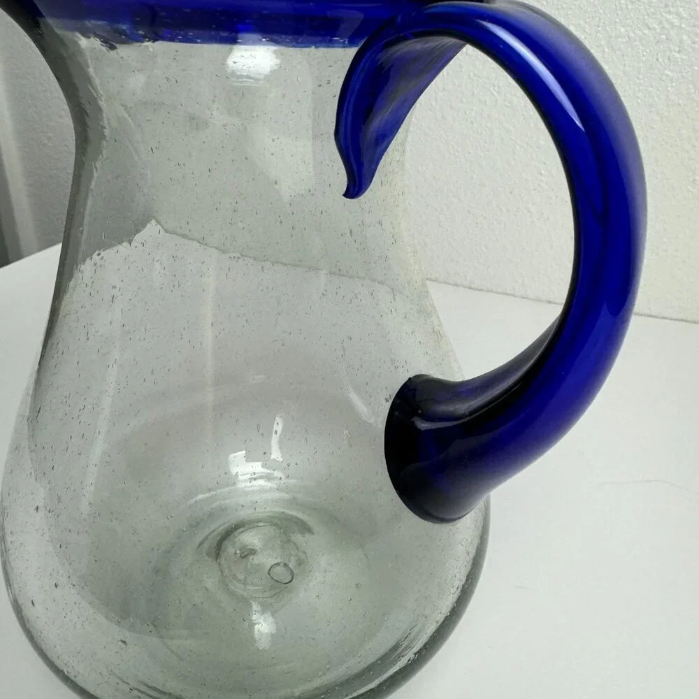 Vintage Hand Blown Cobalt Blue Rim Handle Glass Pitcher
